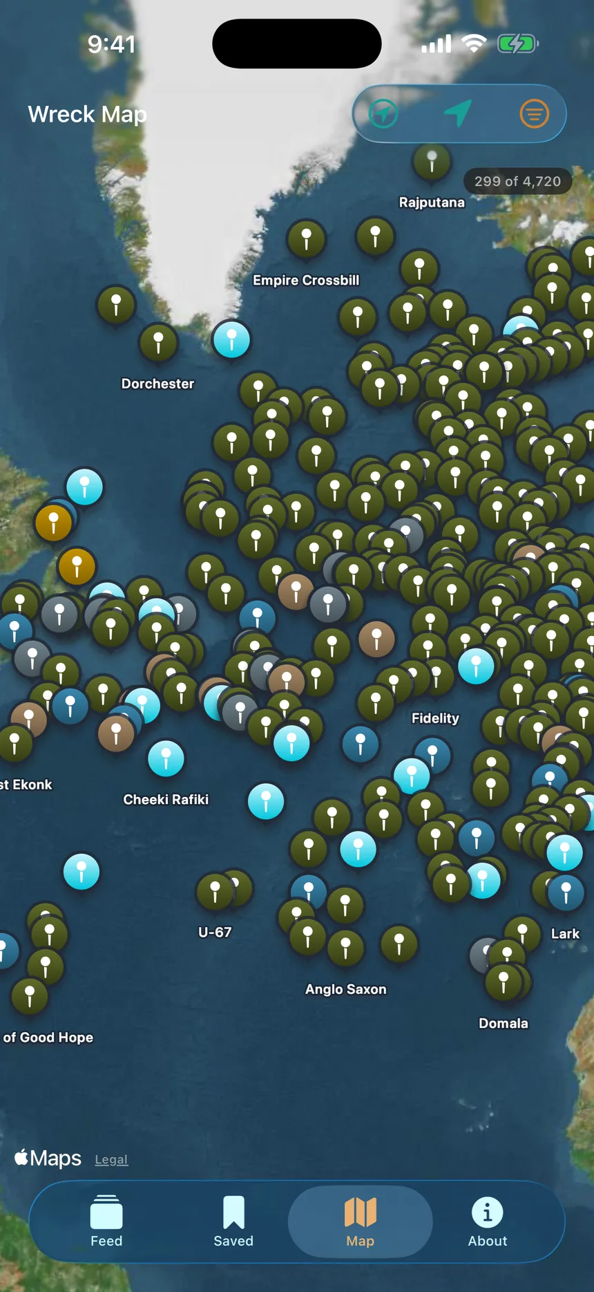 The Wreck Lens map of the North Atlantic, covered in wreck pins