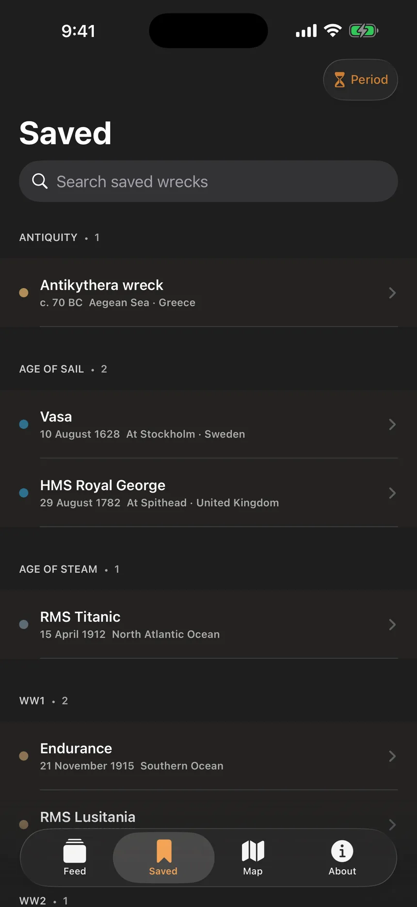 The Saved tab, grouped by period